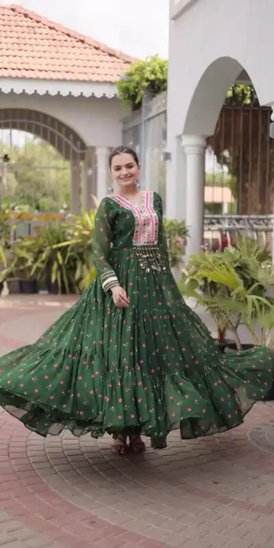 KA 1265 Green Color Faux Georgette Gown with Mirror Work. Wedding, Party, Festive, Events Get it for ₹1819. Delivery 4-6 Working Days.Online Shop now. | Bollywood Gowns, Creative Gowns, Designer Gowns, Embroidered Gowns, Gowns, Party Wear Gowns