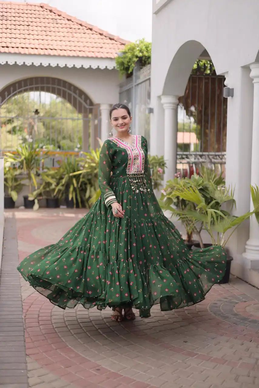 KA 1265 Green Color Faux Georgette Gown with Mirror Work. Wedding, Party, Festive, Events Get it for ₹1819. Delivery 4-6 Working Days.Online Shop now. | Bollywood Gowns, Creative Gowns, Designer Gowns, Embroidered Gowns, Gowns, Party Wear Gowns