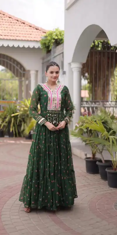 KA 1265 Green Color Faux Georgette Gown with Mirror Work. Wedding, Party, Festive, Events Get it for ₹1819. Delivery 4-6 Working Days.Online Shop now. | Bollywood Gowns, Creative Gowns, Designer Gowns, Embroidered Gowns, Gowns, Party Wear Gowns