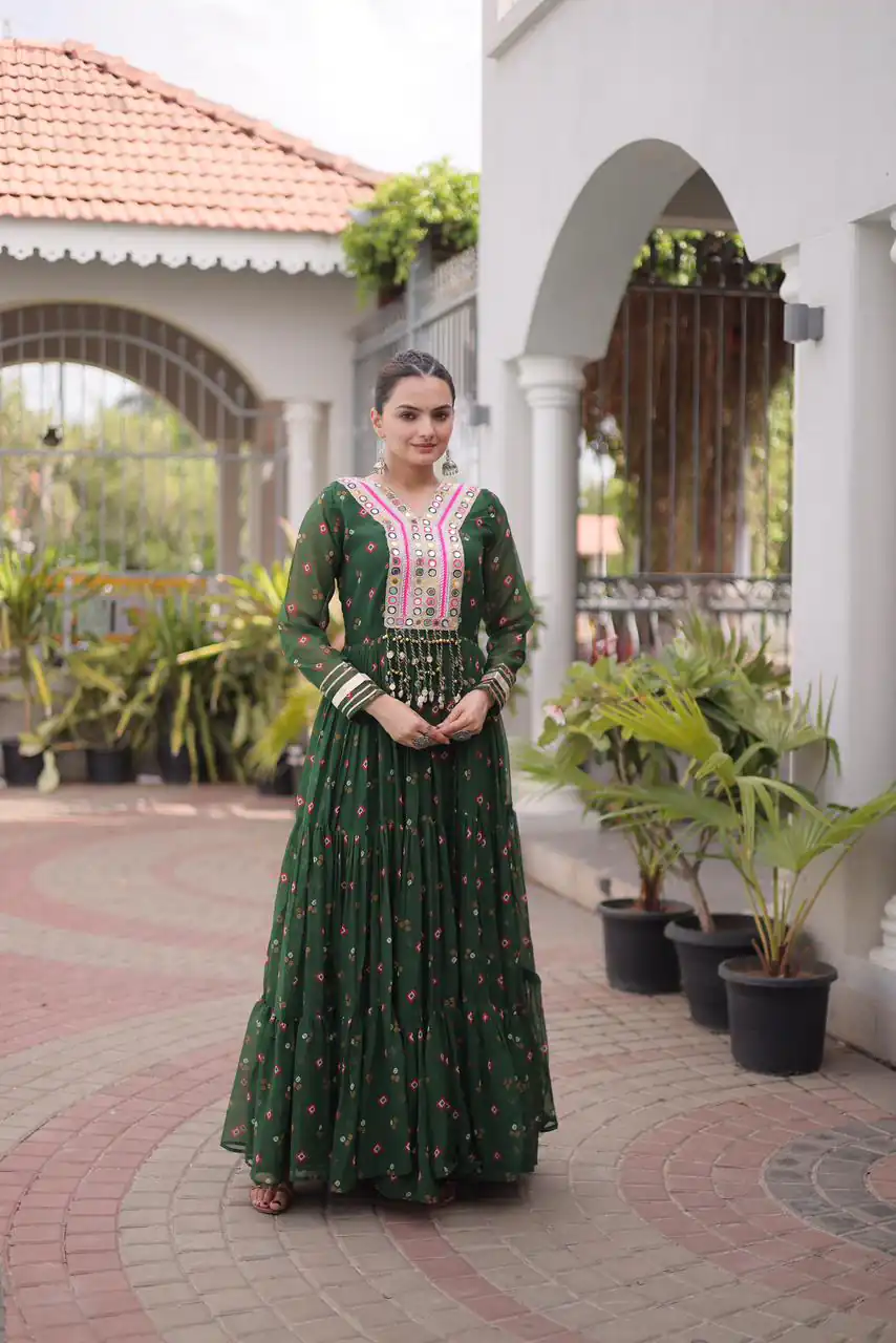 KA 1265 Green Color Faux Georgette Gown with Mirror Work. Wedding, Party, Festive, Events Get it for ₹1819. Delivery 4-6 Working Days.Online Shop now. | Bollywood Gowns, Creative Gowns, Designer Gowns, Embroidered Gowns, Gowns, Party Wear Gowns