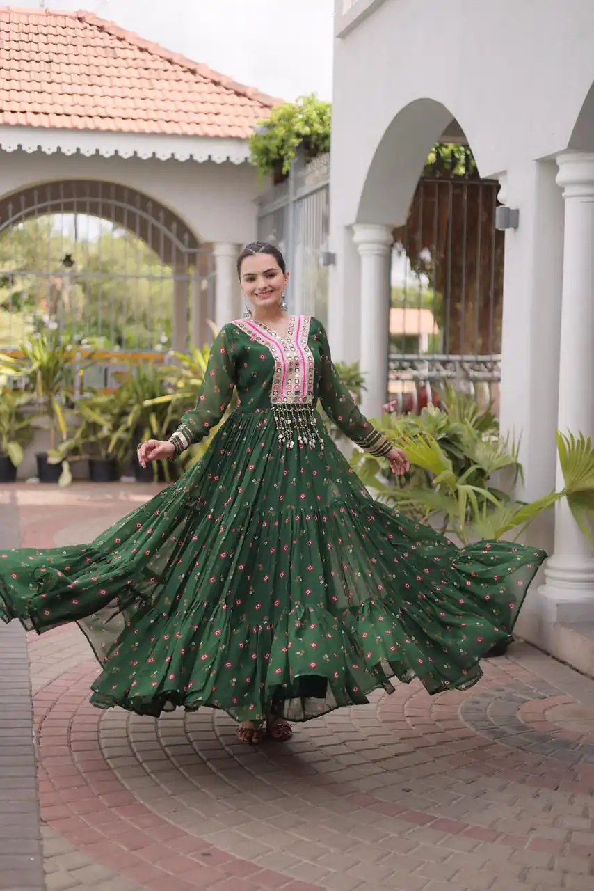 KA 1265 Green Color Faux Georgette Gown with Mirror Work. Wedding, Party, Festive, Events Get it for ₹1819. Delivery 4-6 Working Days.Online Shop now. | Bollywood Gowns, Creative Gowns, Designer Gowns, Embroidered Gowns, Gowns, Party Wear Gowns