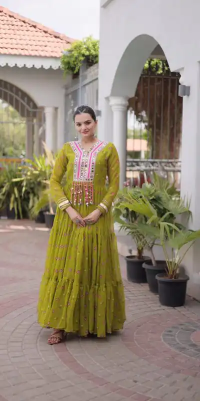 KA 1265 Lime Yellow Color Faux Georgette Gown with Mirror Work. Wedding, Party, Festive, Events Get it for ₹1819. Delivery 4-6 Working Days.Online Shop now. | Bollywood Gowns, Creative Gowns, Designer Gowns, Embroidered Gowns, Gowns, Party Wear Gowns