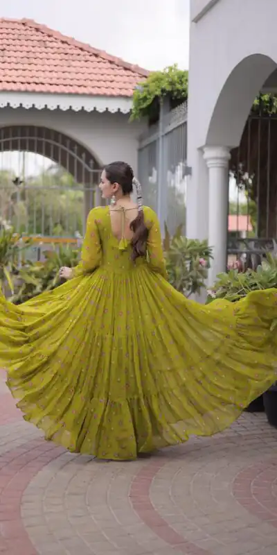 KA 1265 Lime Yellow Color Faux Georgette Gown with Mirror Work. Wedding, Party, Festive, Events Get it for ₹1819. Delivery 4-6 Working Days.Online Shop now. | Bollywood Gowns, Creative Gowns, Designer Gowns, Embroidered Gowns, Gowns, Party Wear Gowns