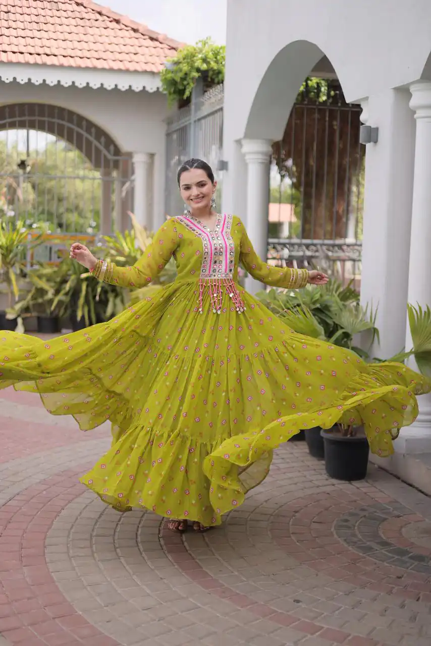 KA 1265 Lime Yellow Color Faux Georgette Gown with Mirror Work. Wedding, Party, Festive, Events Get it for ₹1819. Delivery 4-6 Working Days.Online Shop now. | Bollywood Gowns, Creative Gowns, Designer Gowns, Embroidered Gowns, Gowns, Party Wear Gowns