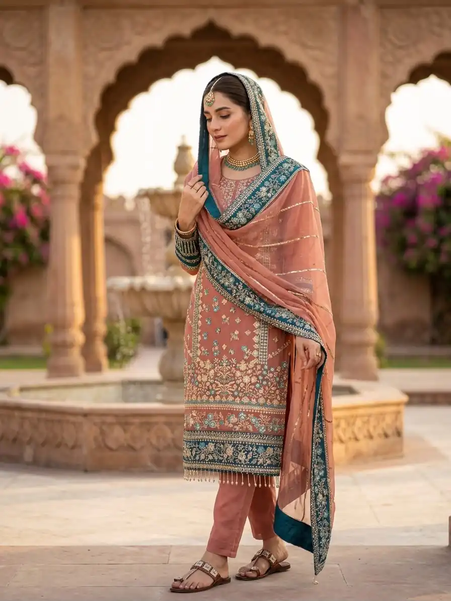 ZSR 3175 Peach Fox Georgette Salwar Suit with Embroidery Work & Sequins Work. Grab it for ₹2399. Delivery 4-6 Working Days. Shop now. | Casual Suits, Jump Suits, Creative suits, Designer Suits, Palazzo Suits, Party Wear Suits, Patiala Suits, Salwar suit, Straight Suits