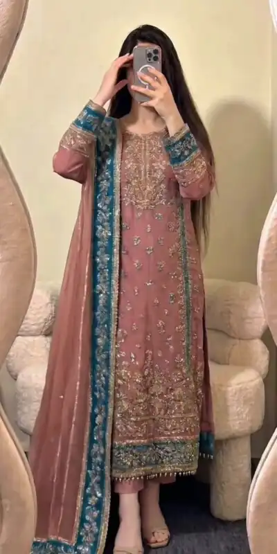 ZSR 3175 Peach Fox Georgette Salwar Suit with Embroidery Work & Sequins Work. Grab it for ₹2399. Delivery 4-6 Working Days. Shop now. | Casual Suits, Jump Suits, Creative suits, Designer Suits, Palazzo Suits, Party Wear Suits, Patiala Suits, Salwar suit, Straight Suits