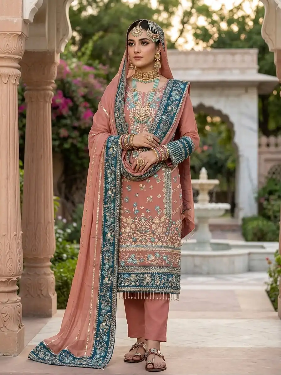 ZSR 3175 Peach Fox Georgette Salwar Suit with Embroidery Work & Sequins Work. Grab it for ₹2399. Delivery 4-6 Working Days. Shop now. | Casual Suits, Jump Suits, Creative suits, Designer Suits, Palazzo Suits, Party Wear Suits, Patiala Suits, Salwar suit, Straight Suits