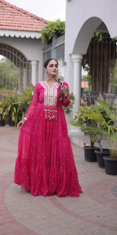 KA 1265 Pink Color Faux Georgette Gown with Mirror Work. Wedding, Party, Festive, Events Get it for ₹1819. Delivery 4-6 Working Days.Online Shop now. | Bollywood Gowns, Creative Gowns, Designer Gowns, Embroidered Gowns, Gowns, Party Wear Gowns
