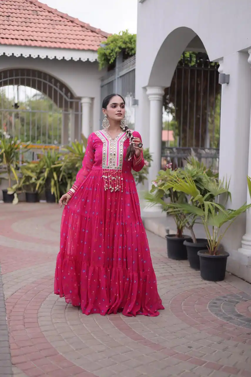 KA 1265 Pink Color Faux Georgette Gown with Mirror Work. Wedding, Party, Festive, Events Get it for ₹1819. Delivery 4-6 Working Days.Online Shop now. | Bollywood Gowns, Creative Gowns, Designer Gowns, Embroidered Gowns, Gowns, Party Wear Gowns