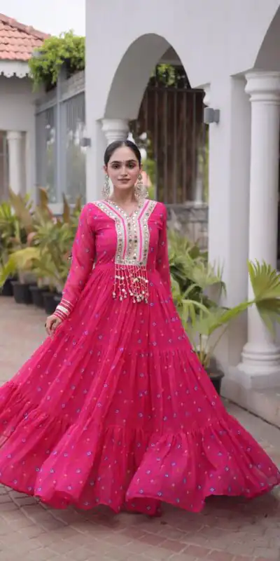 KA 1265 Pink Color Faux Georgette Gown with Mirror Work. Wedding, Party, Festive, Events Get it for ₹1819. Delivery 4-6 Working Days.Online Shop now. | Bollywood Gowns, Creative Gowns, Designer Gowns, Embroidered Gowns, Gowns, Party Wear Gowns