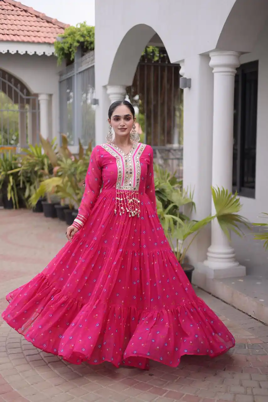 KA 1265 Pink Color Faux Georgette Gown with Mirror Work. Wedding, Party, Festive, Events Get it for ₹1819. Delivery 4-6 Working Days.Online Shop now. | Bollywood Gowns, Creative Gowns, Designer Gowns, Embroidered Gowns, Gowns, Party Wear Gowns