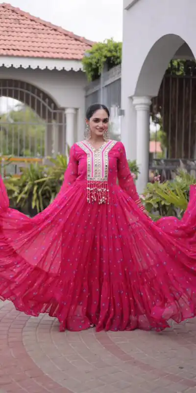 KA 1265 Pink Color Faux Georgette Gown with Mirror Work. Wedding, Party, Festive, Events Get it for ₹1819. Delivery 4-6 Working Days.Online Shop now. | Bollywood Gowns, Creative Gowns, Designer Gowns, Embroidered Gowns, Gowns, Party Wear Gowns