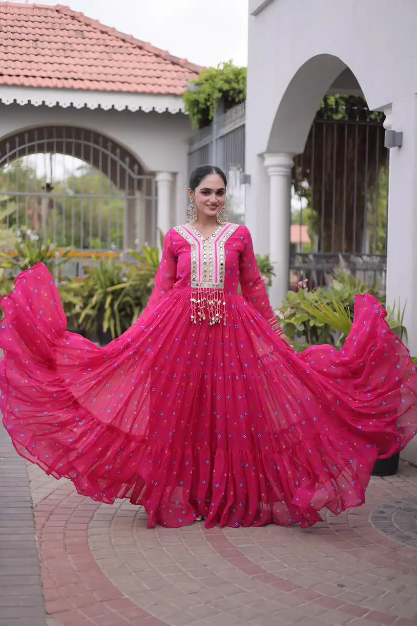 KA 1265 Pink Color Faux Georgette Gown with Mirror Work. Wedding, Party, Festive, Events Get it for ₹1819. Delivery 4-6 Working Days.Online Shop now. | Bollywood Gowns, Creative Gowns, Designer Gowns, Embroidered Gowns, Gowns, Party Wear Gowns
