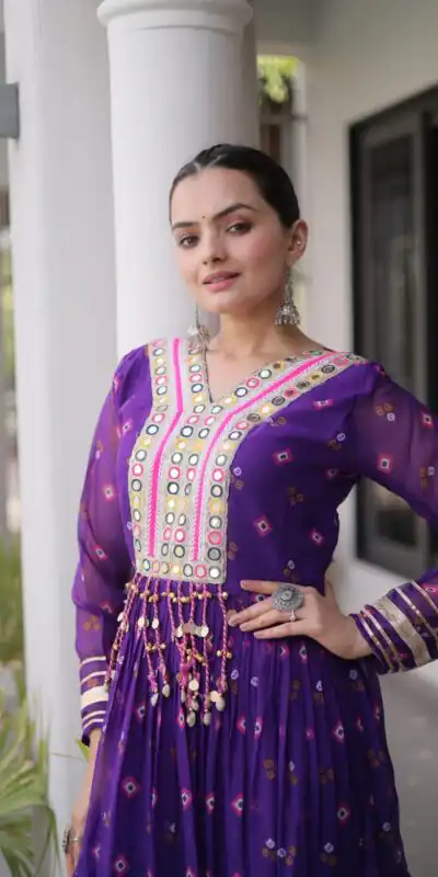 KA 1265 Purple Color Faux Georgette Gown with Mirror Work. Wedding, Party, Festive, Events Get it for ₹1819. Delivery 4-6 Working Days.Online Shop now. | Bollywood Gowns, Creative Gowns, Designer Gowns, Embroidered Gowns, Gowns, Party Wear Gowns