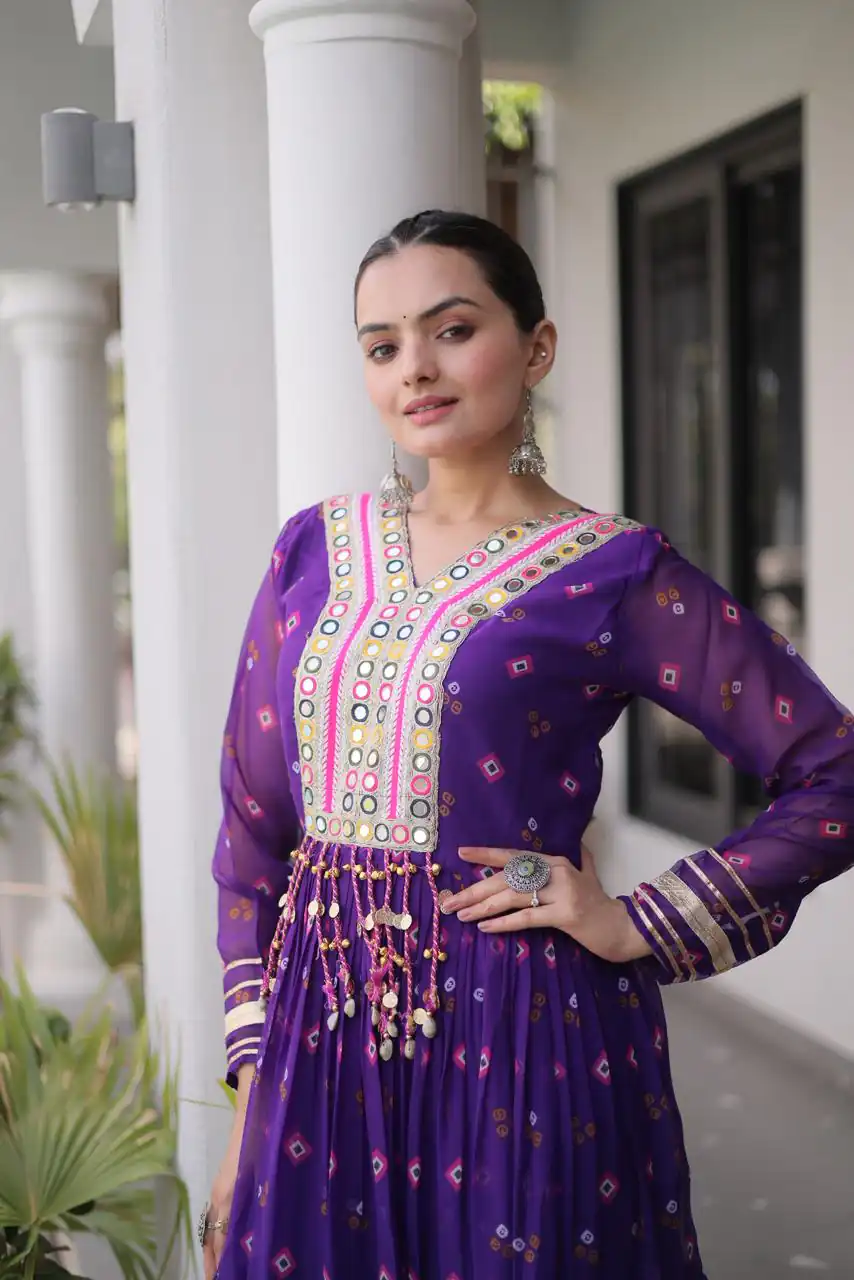 KA 1265 Purple Color Faux Georgette Gown with Mirror Work. Wedding, Party, Festive, Events Get it for ₹1819. Delivery 4-6 Working Days.Online Shop now. | Bollywood Gowns, Creative Gowns, Designer Gowns, Embroidered Gowns, Gowns, Party Wear Gowns