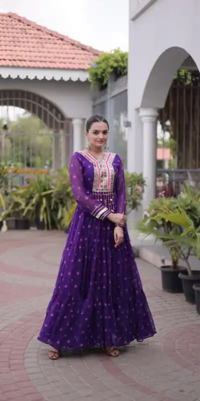 KA 1265 Purple Color Faux Georgette Gown with Mirror Work. Wedding, Party, Festive, Events Get it for ₹1819. Delivery 4-6 Working Days.Online Shop now. | Bollywood Gowns, Creative Gowns, Designer Gowns, Embroidered Gowns, Gowns, Party Wear Gowns