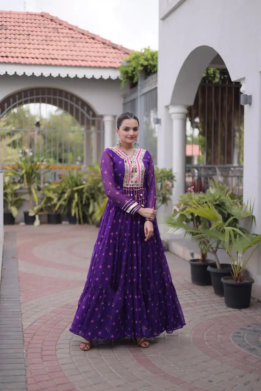 KA 1265 Purple Color Faux Georgette Gown with Mirror Work. Wedding, Party, Festive, Events Get it for ₹1819. Delivery 4-6 Working Days.Online Shop now. | Bollywood Gowns, Creative Gowns, Designer Gowns, Embroidered Gowns, Gowns, Party Wear Gowns