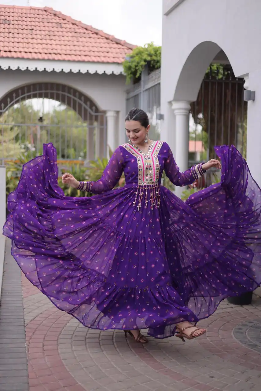 KA 1265 Purple Color Faux Georgette Gown with Mirror Work. Wedding, Party, Festive, Events Get it for ₹1819. Delivery 4-6 Working Days.Online Shop now. | Bollywood Gowns, Creative Gowns, Designer Gowns, Embroidered Gowns, Gowns, Party Wear Gowns
