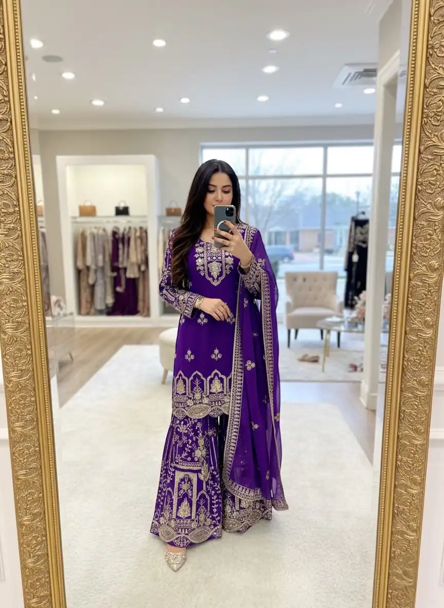WW 1250 Purple Faux Georgette With 5 mm Sequence Work Salwar Suit Wedding, Party, Festive, Events Etc. Expected Delivery 4-6 Working Days @2399/- | Casual Suits, Jump Suits, Creative suits, Designer Suits, Palazzo Suits, Party Wear Suits, Patiala Suits, Salwar suit, Straight Suits