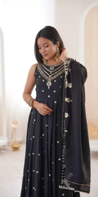 JF 038 Black Roman Silk Gown with Embroidery Work. Wedding, Party, Festive, Events, Navratri, Exclusive Offer ₹2149. Delivery 4-6 Working Days. Shop now. | Bollywood Gowns, Creative Gowns, Designer Gowns, Embroidered Gowns, Gowns, Party Wear Gowns