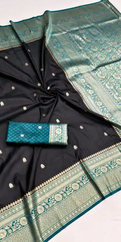 MB 6079 Black Soft Banarasi Silk Saree with Zari Work & Moti Work. Introductory Price ₹1949. Delivery 4-6 Working Days. Shop now. | Creative Sarees, Bollywood Sarees, Designer Sarees, Embroidered Sarees, Ethnic Saree, Modern Digital sarees, Party Wear Sarees, Sarees