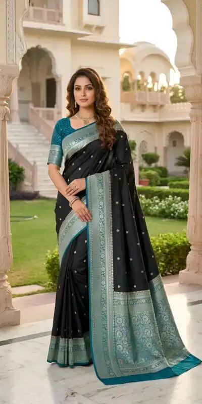 MB 6079 Black Soft Banarasi Silk Saree with Zari Work & Moti Work. Introductory Price ₹1949. Delivery 4-6 Working Days. Shop now. | Creative Sarees, Bollywood Sarees, Designer Sarees, Embroidered Sarees, Ethnic Saree, Modern Digital sarees, Party Wear Sarees, Sarees