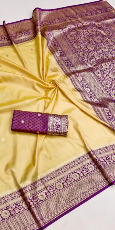 MB 6079 Cream Soft Banarasi Silk Saree with Zari Work & Moti Work. Introductory Price ₹1949. Delivery 4-6 Working Days. Shop now. | Creative Sarees, Bollywood Sarees, Designer Sarees, Embroidered Sarees, Ethnic Saree, Modern Digital sarees, Party Wear Sarees, Sarees