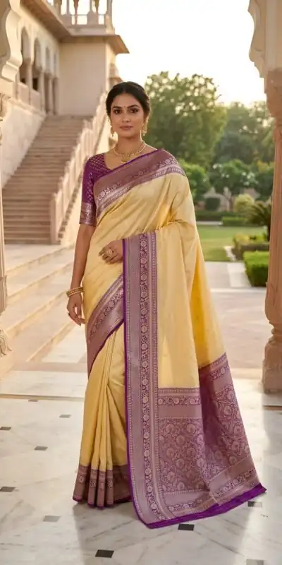 MB 6079 Cream Soft Banarasi Silk Saree with Zari Work & Moti Work. Introductory Price ₹1949. Delivery 4-6 Working Days. Shop now. | Creative Sarees, Bollywood Sarees, Designer Sarees, Embroidered Sarees, Ethnic Saree, Modern Digital sarees, Party Wear Sarees, Sarees