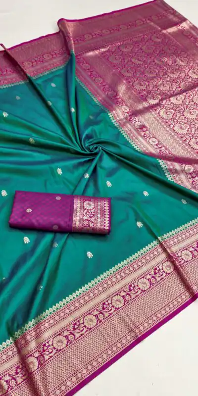 MB 6079 Firozi Soft Banarasi Silk Saree with Zari Work & Moti Work. Introductory Price ₹1949. Delivery 4-6 Working Days. Shop now. | Creative Sarees, Bollywood Sarees, Designer Sarees, Embroidered Sarees, Ethnic Saree, Modern Digital sarees, Party Wear Sarees, Sarees