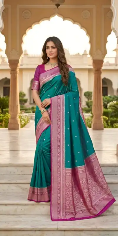 MB 6079 Firozi Soft Banarasi Silk Saree with Zari Work & Moti Work. Introductory Price ₹1949. Delivery 4-6 Working Days. Shop now. | Creative Sarees, Bollywood Sarees, Designer Sarees, Embroidered Sarees, Ethnic Saree, Modern Digital sarees, Party Wear Sarees, Sarees