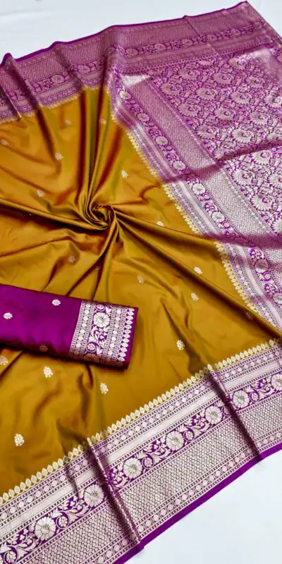 MB 6079 Mustered Soft Banarasi Silk Saree with Zari Work & Moti Work. Introductory Price ₹1949. Delivery 4-6 Working Days. Shop now. | Creative Sarees, Bollywood Sarees, Designer Sarees, Embroidered Sarees, Ethnic Saree, Modern Digital sarees, Party Wear Sarees, Sarees