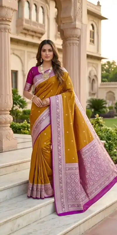 MB 6079 Mustered Soft Banarasi Silk Saree with Zari Work & Moti Work. Introductory Price ₹1949. Delivery 4-6 Working Days. Shop now. | Creative Sarees, Bollywood Sarees, Designer Sarees, Embroidered Sarees, Ethnic Saree, Modern Digital sarees, Party Wear Sarees, Sarees
