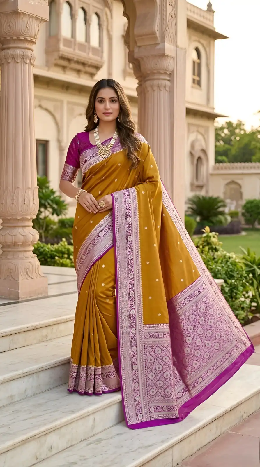 MB 6079 Mustered Soft Banarasi Silk Saree with Zari Work & Moti Work. Introductory Price ₹1949. Delivery 4-6 Working Days. Shop now. | Creative Sarees, Bollywood Sarees, Designer Sarees, Embroidered Sarees, Ethnic Saree, Modern Digital sarees, Party Wear Sarees, Sarees