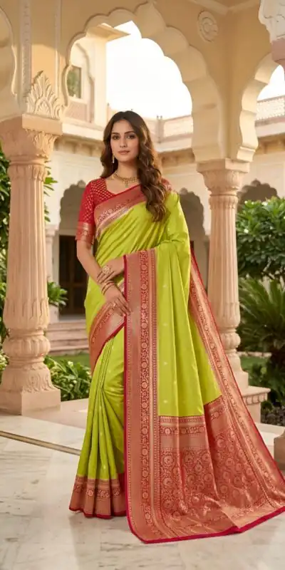 MB 6079 Parrot Green Soft Banarasi Silk Saree with Zari Work & Moti Work. Introductory Price ₹1949. Delivery 4-6 Working Days. Shop now. | Creative Sarees, Bollywood Sarees, Designer Sarees, Embroidered Sarees, Ethnic Saree, Modern Digital sarees, Party Wear Sarees, Sarees