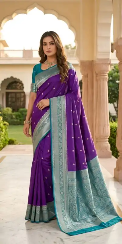 MB 6079 Purple Soft Banarasi Silk Saree with Zari Work & Moti Work. Introductory Price ₹1949. Delivery 4-6 Working Days. Shop now. | Creative Sarees, Bollywood Sarees, Designer Sarees, Embroidered Sarees, Ethnic Saree, Modern Digital sarees, Party Wear Sarees, Sarees