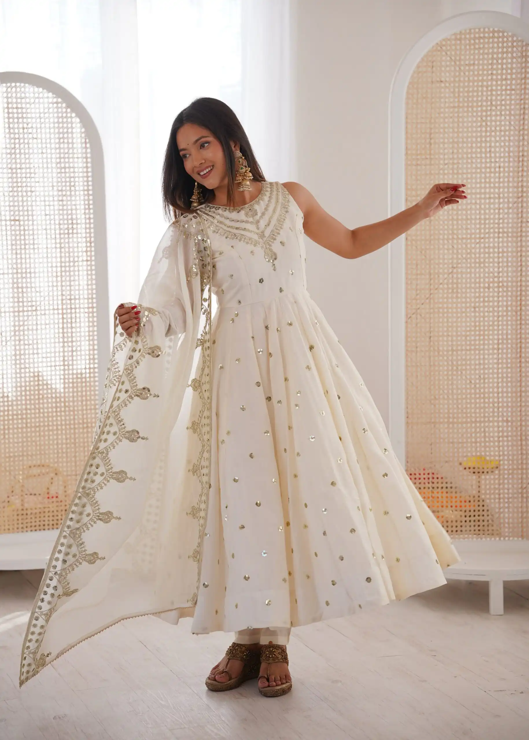 JF 038 White Roman Silk Gown with Embroidery Work. Wedding, Party, Festive, Events, Navratri, Exclusive Offer ₹2149. Delivery 4-6 Working Days. Shop now. | Bollywood Gowns, Creative Gowns, Designer Gowns, Embroidered Gowns, Gowns, Party Wear Gowns