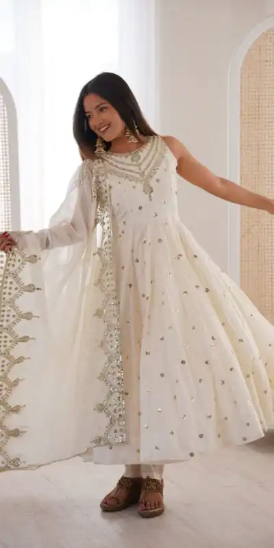 JF 038 White Roman Silk Gown with Embroidery Work. Wedding, Party, Festive, Events, Navratri, Exclusive Offer ₹2149. Delivery 4-6 Working Days. Shop now. | Bollywood Gowns, Creative Gowns, Designer Gowns, Embroidered Gowns, Gowns, Party Wear Gowns