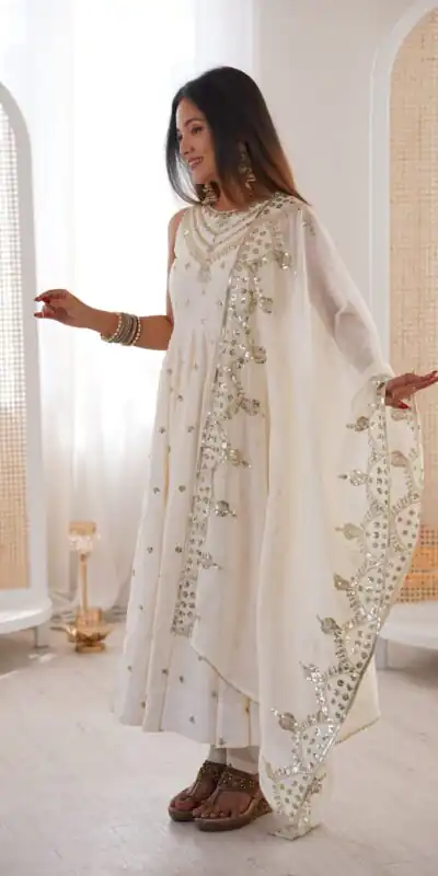 JF 038 White Roman Silk Gown with Embroidery Work. Wedding, Party, Festive, Events, Navratri, Exclusive Offer ₹2149. Delivery 4-6 Working Days. Shop now. | Bollywood Gowns, Creative Gowns, Designer Gowns, Embroidered Gowns, Gowns, Party Wear Gowns
