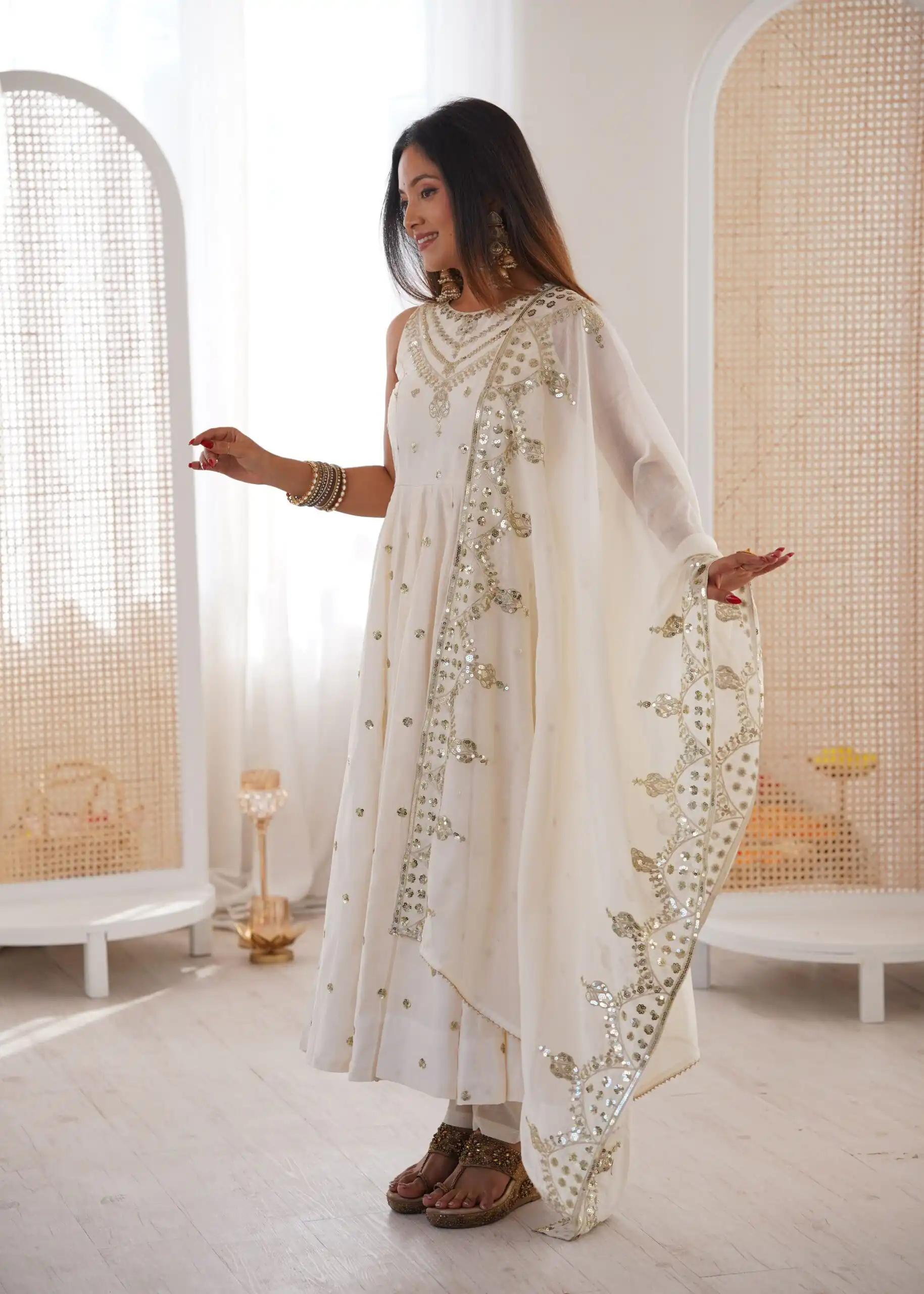 JF 038 White Roman Silk Gown with Embroidery Work. Wedding, Party, Festive, Events, Navratri, Exclusive Offer ₹2149. Delivery 4-6 Working Days. Shop now. | Bollywood Gowns, Creative Gowns, Designer Gowns, Embroidered Gowns, Gowns, Party Wear Gowns
