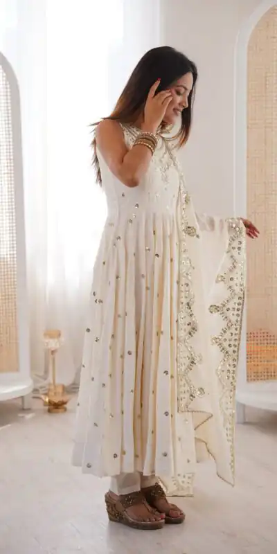 JF 038 White Roman Silk Gown with Embroidery Work. Wedding, Party, Festive, Events, Navratri, Exclusive Offer ₹2149. Delivery 4-6 Working Days. Shop now. | Bollywood Gowns, Creative Gowns, Designer Gowns, Embroidered Gowns, Gowns, Party Wear Gowns