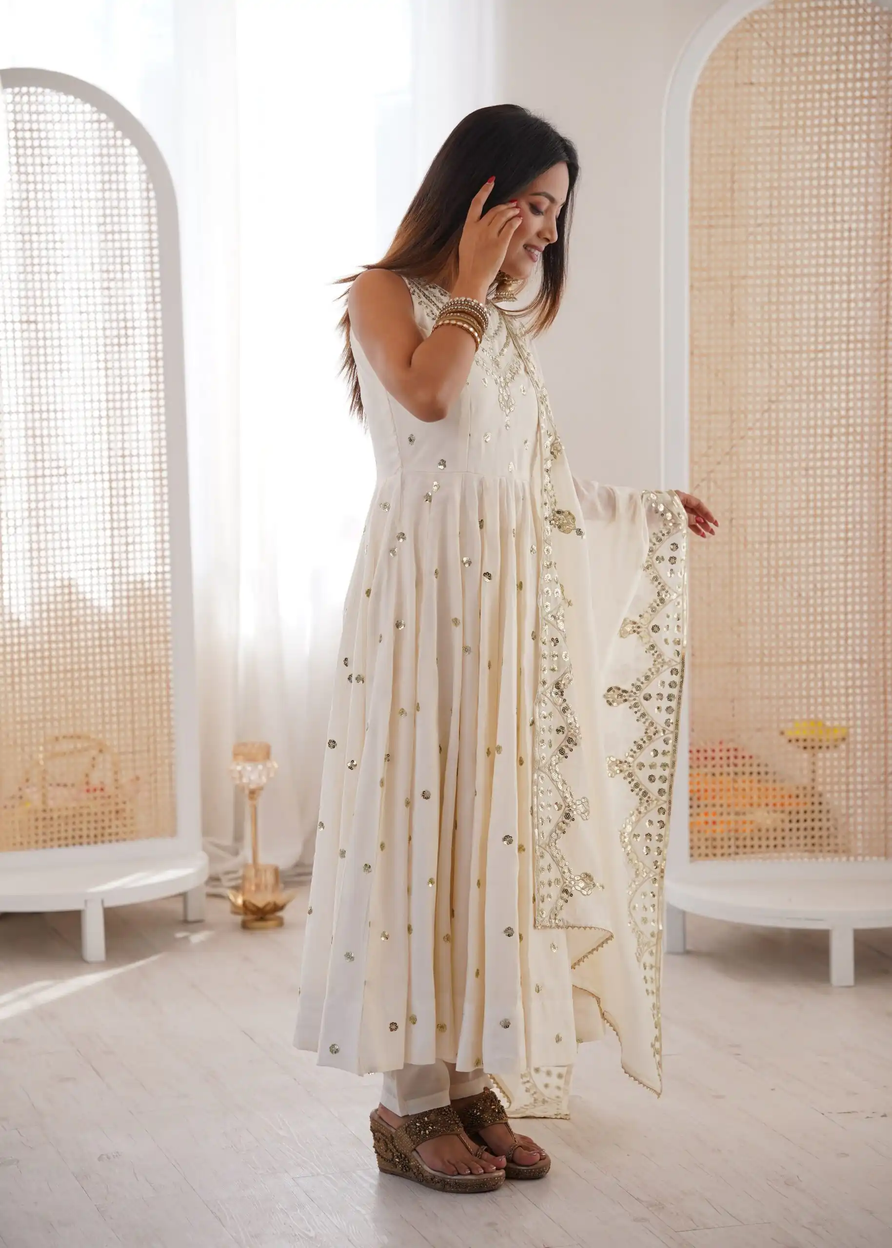 JF 038 White Roman Silk Gown with Embroidery Work. Wedding, Party, Festive, Events, Navratri, Exclusive Offer ₹2149. Delivery 4-6 Working Days. Shop now. | Bollywood Gowns, Creative Gowns, Designer Gowns, Embroidered Gowns, Gowns, Party Wear Gowns