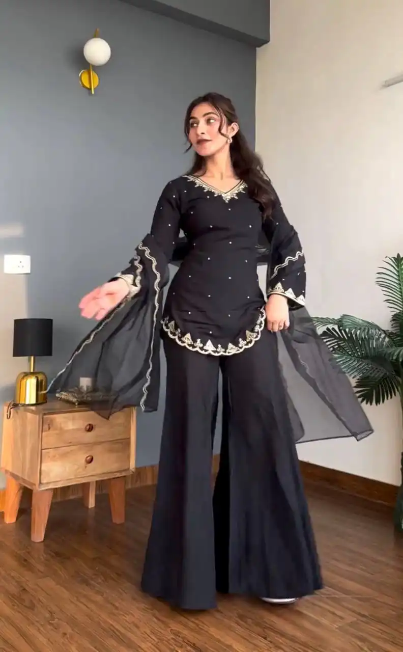 WW 1247 Black Roman Silk Salwar Suit with Embroidery Work & Sequins Work. Now at just ₹1899. Delivery 4-6 Working Days. Shop now. | Casual Suits, Jump Suits, Creative suits, Designer Suits, Palazzo Suits, Party Wear Suits, Patiala Suits, Salwar suit, Straight Suits