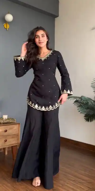 WW 1247 Black Roman Silk Salwar Suit with Embroidery Work & Sequins Work. Now at just ₹1899. Delivery 4-6 Working Days. Shop now. | Casual Suits, Jump Suits, Creative suits, Designer Suits, Palazzo Suits, Party Wear Suits, Patiala Suits, Salwar suit, Straight Suits