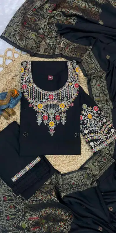 DIVA 125 | Black Roman Silk Salwar Suit with Sequins Work & Embroidery Work. Available at ₹1799 only. Delivery 4-6 Working Days. Shop now. | Casual Suits, Jump Suits, Creative suits, Designer Suits, Palazzo Suits, Party Wear Suits, Patiala Suits, Salwar suit, Straight Suits