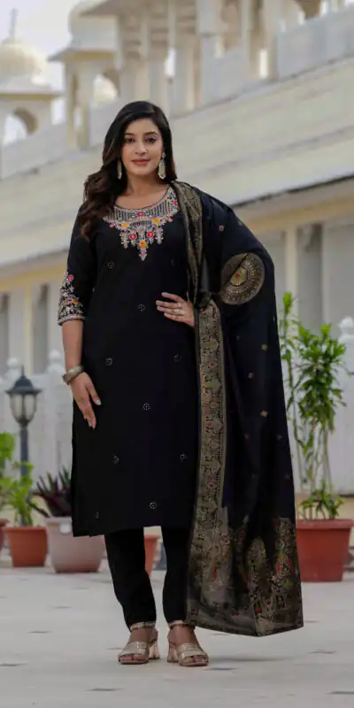 DIVA 125 | Black Roman Silk Salwar Suit with Sequins Work & Embroidery Work. Available at ₹1799 only. Delivery 4-6 Working Days. Shop now. | Casual Suits, Jump Suits, Creative suits, Designer Suits, Palazzo Suits, Party Wear Suits, Patiala Suits, Salwar suit, Straight Suits