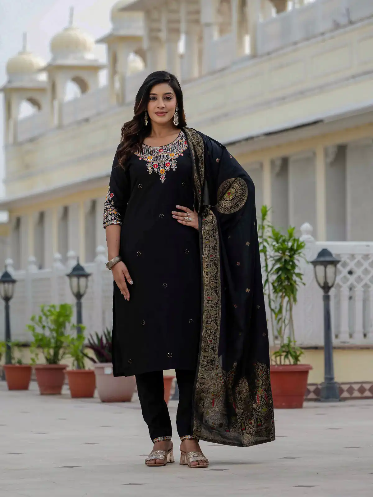 DIVA 125 | Black Roman Silk Salwar Suit with Sequins Work & Embroidery Work. Available at ₹1799 only. Delivery 4-6 Working Days. Shop now. | Casual Suits, Jump Suits, Creative suits, Designer Suits, Palazzo Suits, Party Wear Suits, Patiala Suits, Salwar suit, Straight Suits