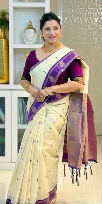 KPR 308 Cream in Soft Lichi Silk Jacquard Work Designer Work Saree . Exclusive Offer ₹1449. Delivery 4-6 Working Days. Shop now. | Creative Sarees, Bollywood Sarees, Designer Sarees, Embroidered Sarees, Ethnic Saree, Modern Digital sarees, Party Wear Sarees, Sarees