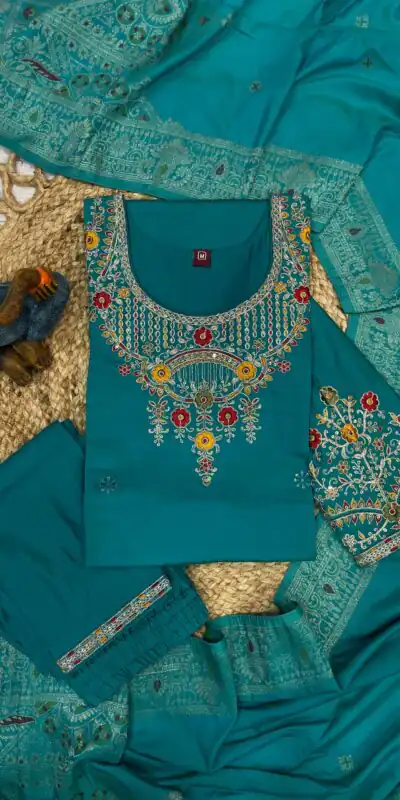 DIVA 125 | Firozi Roman Silk Salwar Suit with Sequins Work & Embroidery Work. Available at ₹1799 only. Delivery 4-6 Working Days. Shop now. | Casual Suits, Jump Suits, Creative suits, Designer Suits, Palazzo Suits, Party Wear Suits, Patiala Suits, Salwar suit, Straight Suits