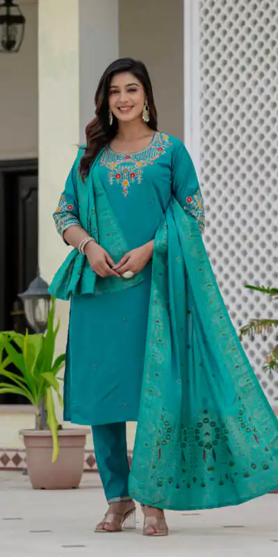 DIVA 125 | Firozi Roman Silk Salwar Suit with Sequins Work & Embroidery Work. Available at ₹1799 only. Delivery 4-6 Working Days. Shop now. | Casual Suits, Jump Suits, Creative suits, Designer Suits, Palazzo Suits, Party Wear Suits, Patiala Suits, Salwar suit, Straight Suits