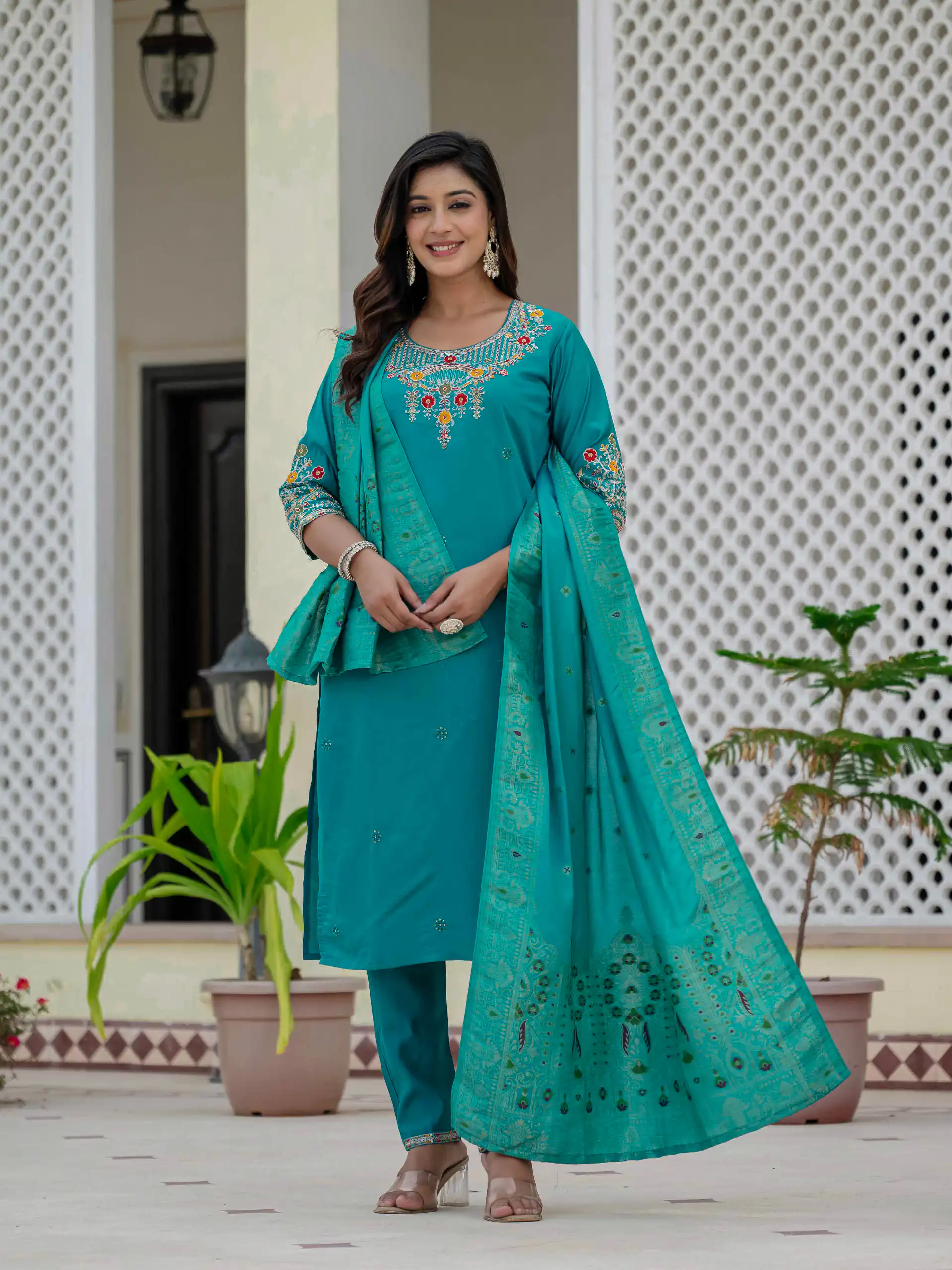DIVA 125 | Firozi Roman Silk Salwar Suit with Sequins Work & Embroidery Work. Available at ₹1799 only. Delivery 4-6 Working Days. Shop now. | Casual Suits, Jump Suits, Creative suits, Designer Suits, Palazzo Suits, Party Wear Suits, Patiala Suits, Salwar suit, Straight Suits